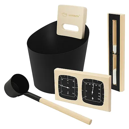 LuxeBath  Aufgusseimer 4-teilig Saunazubehör-Set aus Aluminium & Naturholz, Sauna Set Zubehör