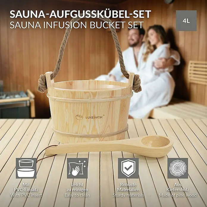 LuxeBath Aufgusseimer 2-teilig Saunazubehör-Set aus massivem Kiefernholz, Sauna Set Zubehör - Holz, 4 l