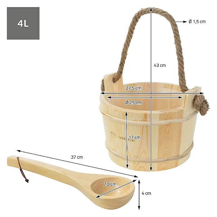 LuxeBath Aufgusseimer 2-teilig Saunazubehör-Set aus massivem Kiefernholz, Sauna Set Zubehör - Holz, 4 l