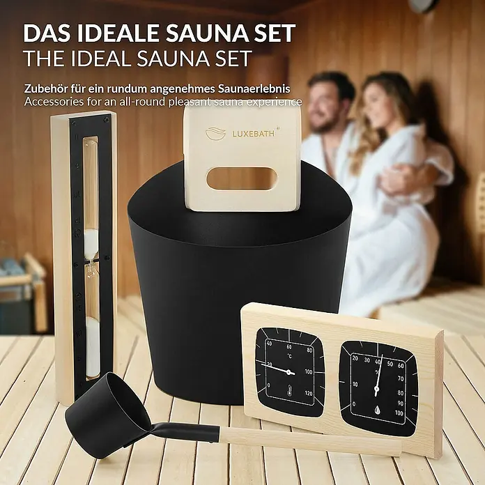 LuxeBath Aufgusseimer 4-teilig Saunazubehör-Set aus Aluminium & Naturholz, Sauna Set Zubehör - Aluminium, 6 l