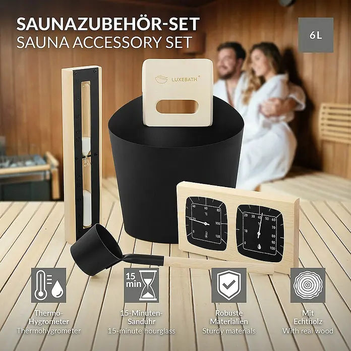 LuxeBath Aufgusseimer 4-teilig Saunazubehör-Set aus Aluminium & Naturholz, Sauna Set Zubehör - Aluminium, 6 l