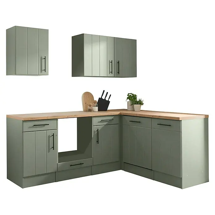 Respekta Küchenleerblock Anton - B x L: 220 x 172 cm, Schilfgrün, Ohne Elektrogeräte - L-förmige Küchenschränke in Salbeigrün mit heller Holzplatte. Das Set umfasst Unter- und Oberschränke.