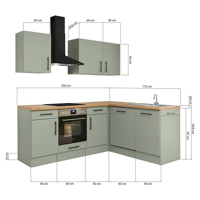 Respekta Winkelküche Anton Typ 1 (172 x 220 cm, Schilfgrün, Mit Elektrogeräten) | BAUHAUS