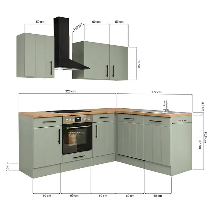 Respekta Winkelküche Anton Typ 1 - 172 x 220 cm, Schilfgrün, Mit Elektrogeräten - L-förmige Küche in Salbeigrün mit Holzplatte, integriertem Backofen, Kochfeld, Spüle und schwarzer Dunstabzugshaube, inklusive Hängeschränken.