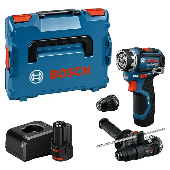 Bosch Professional AMPShare 18V Akku-Bohrschrauber GSR 12V-32 FC - 12 V, 2 Akkus - Ein Bosch Elektrowerkzeug-Set mit blauem Koffer, blau-schwarzem Bohrschrauber, Akku, Ladegerät und Aufsätzen.