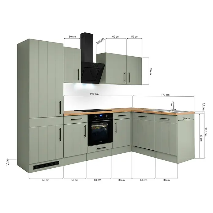 Respekta Winkelküche Anton Typ 2 - 172 x 280 cm, Schilfgrün, Mit Elektrogeräten - L-förmige Küche mit hellgrünen Schränken, Holz-Arbeitsplatte, schwarzem Ofen, Kochfeld und Dunstabzugshaube.