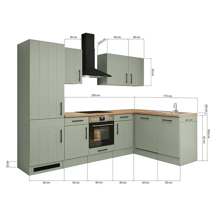Respekta Winkelküche Anton Typ 1 - 172 x 280 cm, Schilfgrün, Mit Elektrogeräten - Salbeigrüner L-förmiger Küchenblock mit Holzarbeitsplatten, schwarzen Griffen, Ofen, Kochfeld, Spüle und Dunstabzugshaube, inkl. Maßen.
