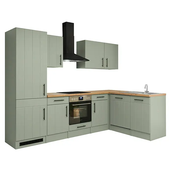 Respekta Winkelküche Anton Typ 1 - 172 x 280 cm, Schilfgrün, Mit Elektrogeräten - Salbeigrüner Eckküchenblock mit Holzplatte, integriertem Kochfeld, Backofen, Spüle und schwarzer Dunstabzugshaube.