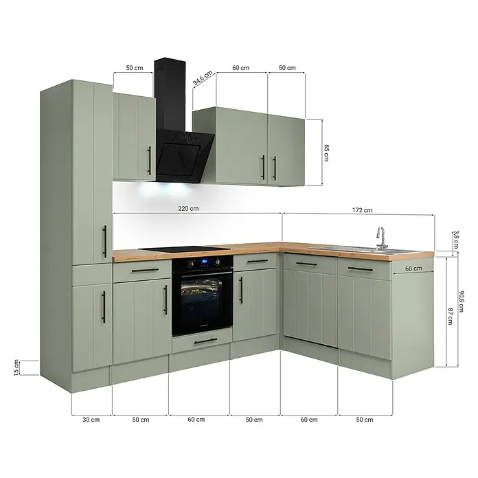 Respekta Winkelküche Anton Typ 2 - 172 x 250 cm, Schilfgrün, Mit Elektrogeräten - L-förmige Küche mit salbeigrünen Schränken, Holzplatte, schwarzen Geräten und Dunstabzugshaube, mit Maßen.