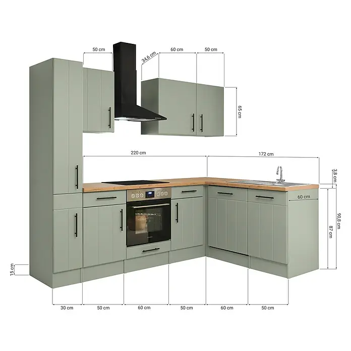 Respekta Winkelküche Anton Typ 1 - 172 x 250 cm, Schilfgrün, Mit Elektrogeräten - L-förmige Küche in Salbeigrün mit Holztheke, integriertem Ofen und Spüle.