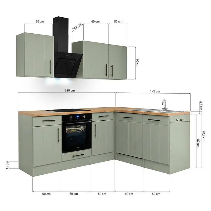 Respekta Winkelküche Anton Typ 2 - 172 x 220 cm, Schilfgrün, Mit Elektrogeräten - Moderne L-förmige Küche in Salbeigrün mit Holzoptik-Arbeitsplatte, Spüle, Kochfeld und Dunstabzugshaube.