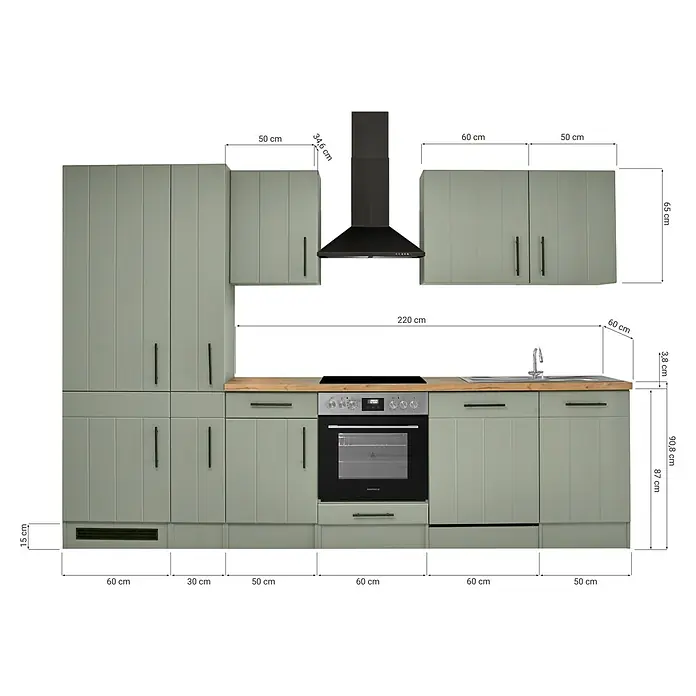 Respekta Küchenzeile Anton Typ 1 - Breite: 310 cm, Schilfgrün, Mit Elektrogeräten - Modulare hellgrüne Küchenzeile mit Holzplatte, Backofen, Kochfeld, Spüle und Dunstabzugshaube, Maße gezeigt.