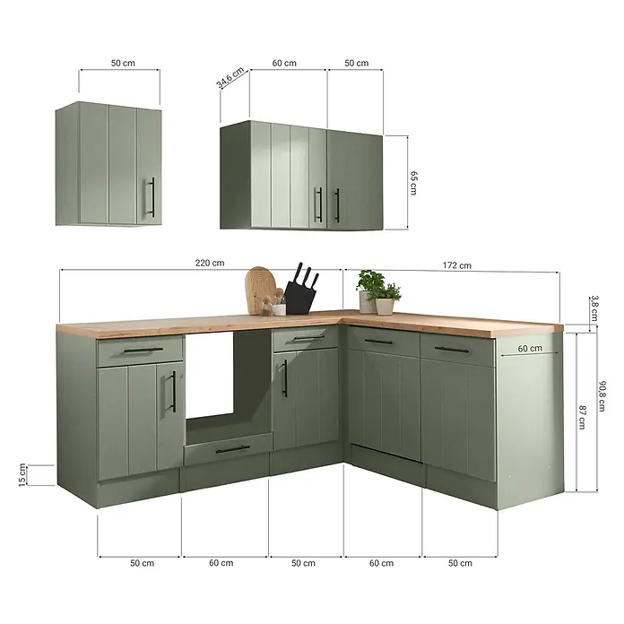 Respekta Küchenleerblock Anton - B x L: 220 x 172 cm, Schilfgrün, Ohne Elektrogeräte - Grüne L-förmige Küchenschrank-Kombination mit Holzplatte, inklusive Ober- und Unterschränken.