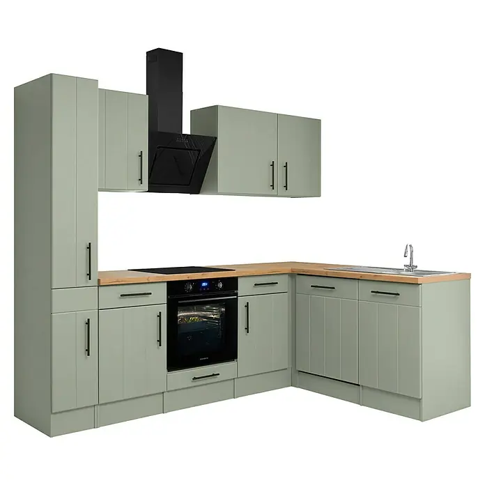 Respekta Winkelküche Anton Typ 2 - 172 x 250 cm, Schilfgrün, Mit Elektrogeräten - Salbeigrüner Eckküchenblock mit Holzplatte, schwarzem Kochfeld, Backofen und Dunstabzugshaube.