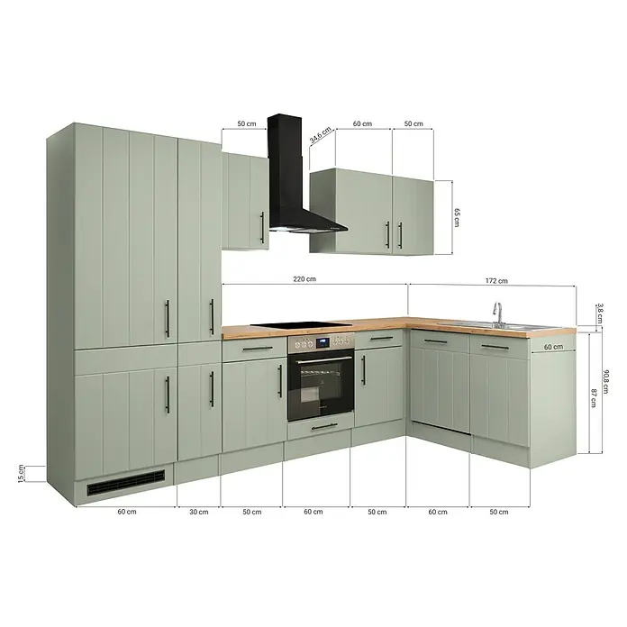Respekta Winkelküche Anton Typ 1 - 172 x 310 cm, Schilfgrün, Mit Elektrogeräten - Salbeigrüner Küchenblock mit Holz-Arbeitsplatte, integriertem Backofen, Kochfeld, Spüle und Dunstabzugshaube, schwarzen Griffen und Maßen.