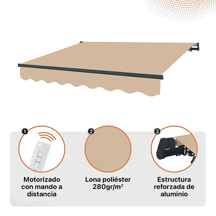 SmartSun Toldo con motor Dark Easy Lite - Beige, Ancho: 3,95 m, Caída: 2,5 m - Toldo retráctil beige, motorizado con mando a distancia, de tejido poliéster 280gr/m² y estructura de aluminio reforzado.