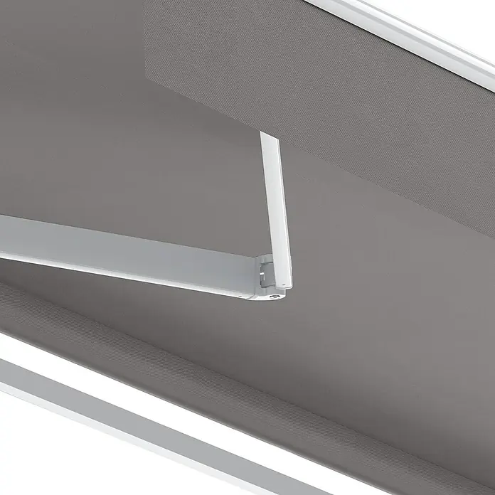SmartSun Toldo con motor WiFi Vivant - Gris, Ancho: 3,95 m, Caída: 3 m, Color del armazón: Blanco - Toldo de tela gris extendido con brazo de soporte blanco.