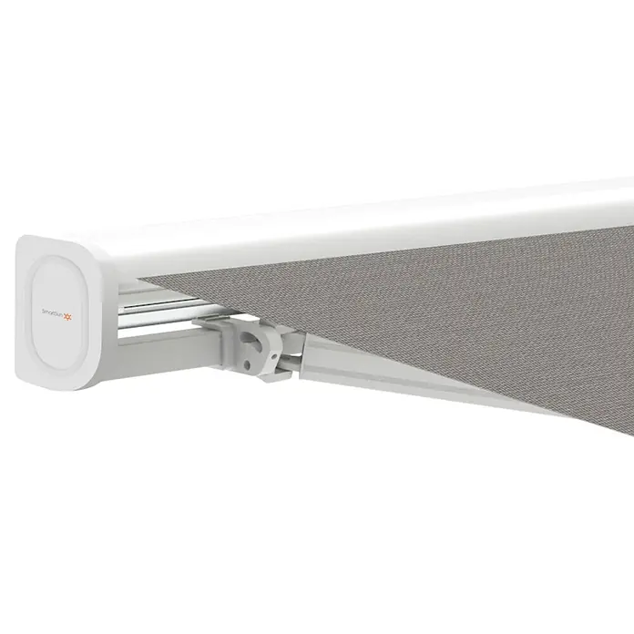 SmartSun Toldo con motor WiFi Vivant - Gris, Ancho: 3,95 m, Caída: 3 m, Color del armazón: Blanco - Cofre de toldo blanco con tela gris parcialmente extendida.