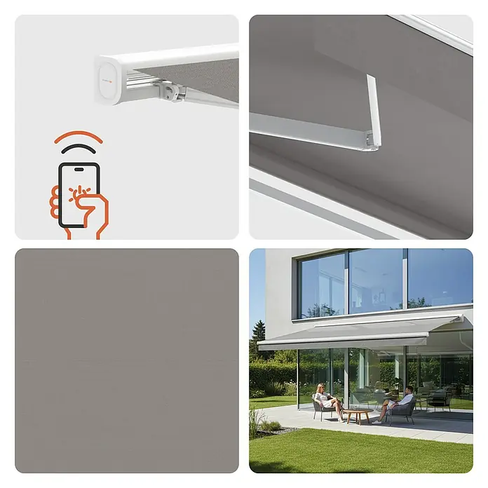 SmartSun Toldo con motor WiFi Vivant - Gris, Ancho: 3,95 m, Caída: 3 m, Color del armazón: Blanco - Toldo gris inteligente controlado por smartphone, detallado y como protección solar en un patio.