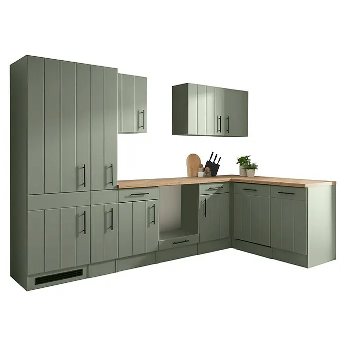 Respekta Küchenleerblock Anton - B x L: 310 x 172 cm, Schilfgrün, Ohne Elektrogeräte - Salbeigrüne Kücheneckzeile mit Holzplatten und schwarzen Griffen.