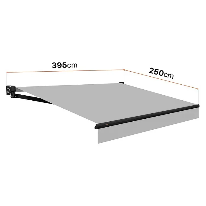 SmartSun Toldo de brazos extensibles Dark Stella - Gris, Ancho: 3,95 m, Caída: 2,5 m - Toldo gris claro con estructura negra, extendido a 395cm de ancho y 250cm de proyección.