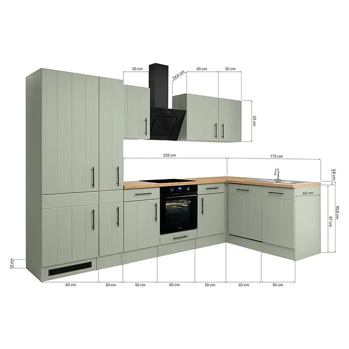 Respekta Winkelküche Anton Typ 2 - 172 x 310 cm, Schilfgrün, Mit Elektrogeräten - L-förmige Küchenschränke in Salbeigrün mit Arbeitsplatte in Holzoptik, integriertem Ofen, Kochfeld, Dunstabzugshaube und Spüle, mit Maßen.