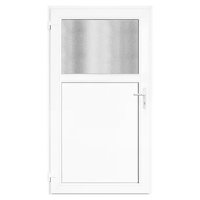 Panto Nebeneingangstür Donau K 301 - 98 x 190 cm, DIN Anschlag: Links, Weiß - Weiße PVC-Eingangstür mit mattiertem Glaspaneel oben und massiver weißer Platte unten, mit Griff und Schloss.