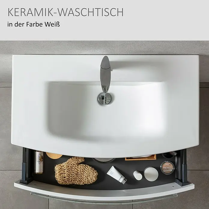 Camargue Swing K Einbauwaschbecken - 90,5 x 16 cm, Weiß - Weißes Keramik-Waschbecken mit Armatur und Teilauszugsschublade mit Pflegeprodukten.