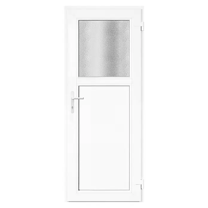 Panto Nebeneingangstür Donau K 301 - 78 x 190 cm, DIN Anschlag: Rechts, Weiß - Weiße PVC-Tür mit Milchglas-Oberlicht und silbernem Griff.