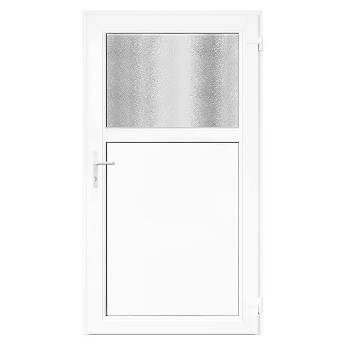 Panto Nebeneingangstür Donau K 301 - 98 x 190 cm, DIN Anschlag: Rechts, Weiß - Weiße PVC-Tür mit Milchglasscheibe und silbernem Griff.