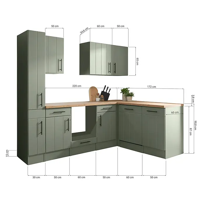 Respekta Küchenleerblock Anton - B x L: 250 x 172 cm, Schilfgrün, Ohne Elektrogeräte - Salbeigrüne Küchenschrank-Garnitur mit Holz-Arbeitsplatte, verschiedene Module und Maße.