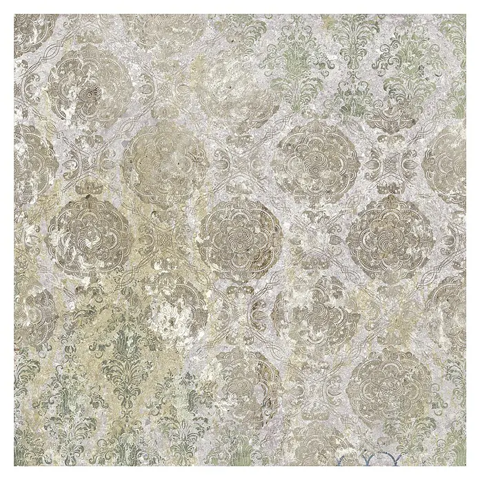 Bohemian Feinsteinzeugfliese - 59,55 x 59,55 cm, Blend, Matt - Distressed gemusterte Fliese mit verwitterten grünen Damast- und beigen Mandala-Motiven.