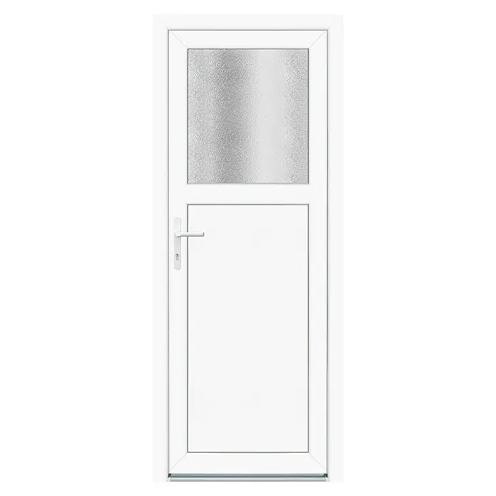 Panto Nebeneingangstür Donau K 301 - 78 x 190 cm, DIN Anschlag: Links, Weiß - Moderne weiße PVC Tür mit mattiertem Glas und silbernem Griff.