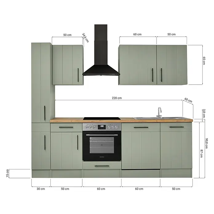 Respekta Küchenzeile Anton Typ 1 - Breite: 250 cm, Schilfgrün, Mit Elektrogeräten - Salbeigrüner modularer Küchenblock mit Holzplatte, integriertem Backofen, Kochfeld, Spüle und Dunstabzugshaube, Maße angegeben.