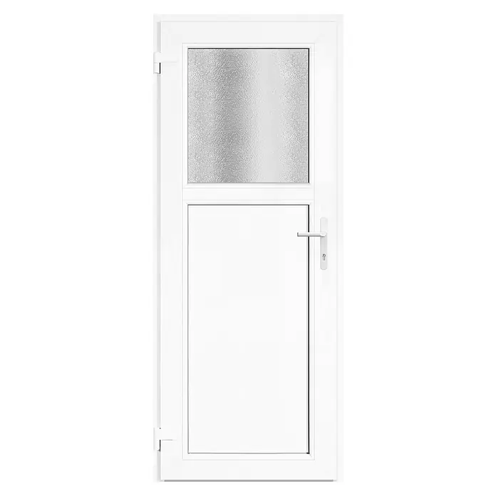 Panto Nebeneingangstür Donau K 301 - 78 x 190 cm, DIN Anschlag: Links, Weiß - Weiße PVC-Tür mit Milchglasplatte und Griff.