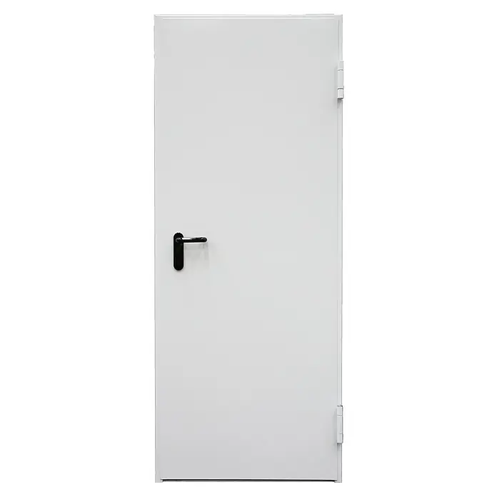 Roper Puerta cortafuegos EI2 60 C5 - 100 x 207 cm, Derecha, Blanco - Puerta blanca con manija negra y bisagras visibles.
