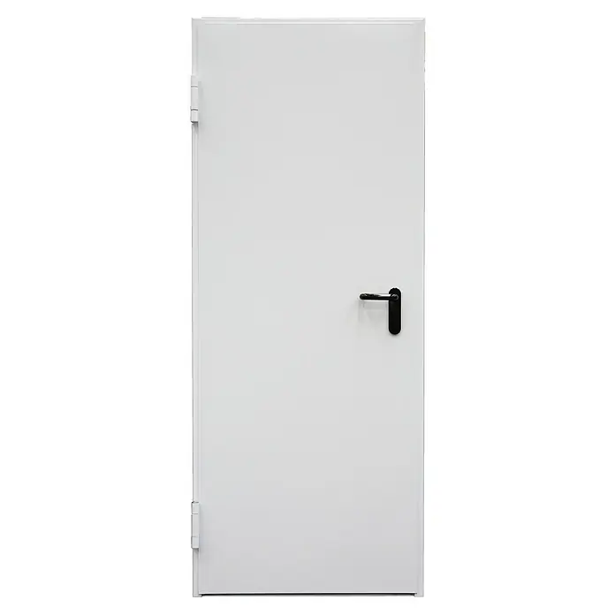 Roper Puerta cortafuegos EI2 60 C5 - 90 x 207 cm, Derecha, Blanco - Puerta blanca con manilla de palanca negra y bisagras visibles.