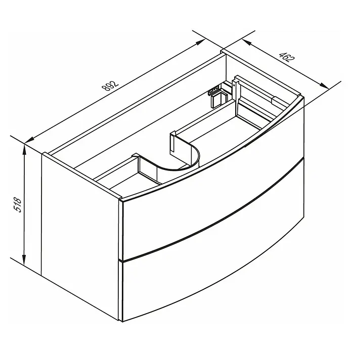 Camargue Swing K Waschtischunterschrank - 89 x 46 x 52 cm, Weiß - Badezimmer-Waschtischunterschrank mit zwei geschwungenen Schubladen & Siphonausschnitt. Maße: B892xH518xT462mm.