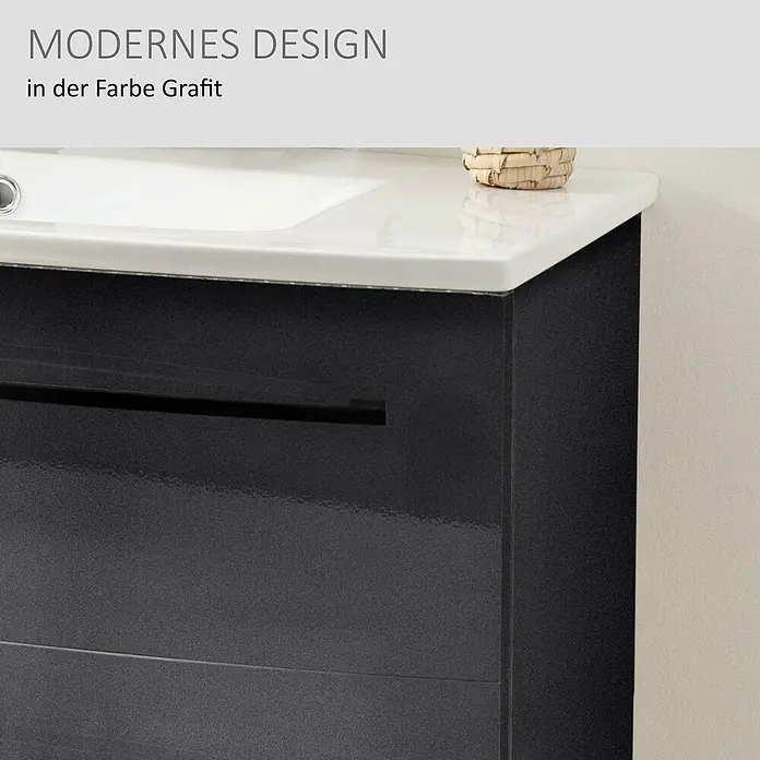 Camargue Swing K Waschtischunterschrank - 89 x 46 x 52 cm, Grafit - Moderner Waschtischunterschrank in Graphit mit glänzender Oberfläche, weißem Keramikwaschbecken und schwarzem Griff.
