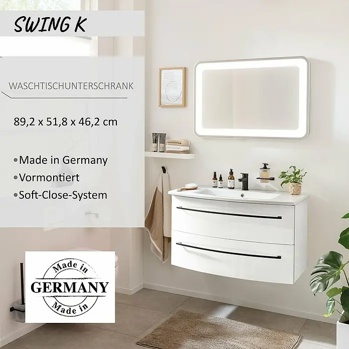 Camargue Swing K Waschtischunterschrank - 89 x 46 x 52 cm, Weiß - Weißer wandhängender Badunterschrank (89,2x51,8x46,2cm) mit zwei Soft-Close-Schubladen und schwarzen Griffen, Made in Germany.