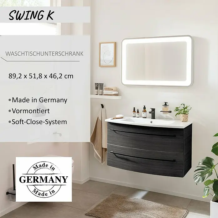 Camargue Swing K Waschtischunterschrank - 89 x 46 x 52 cm, Dark Oak - Dunkler Waschtischunterschrank mit Holzmaserung, Wandmontage, integriertem Waschbecken und zwei Schubladen.