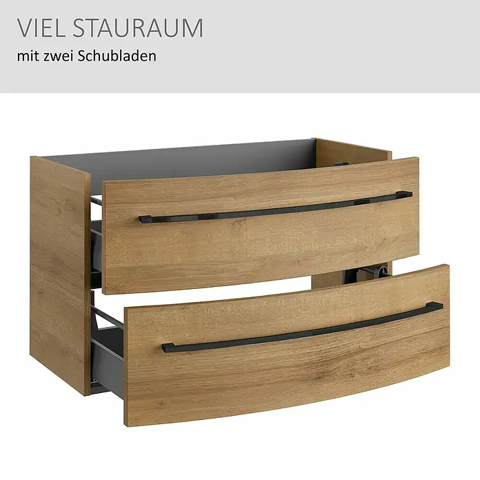 Camargue Swing K Waschtischunterschrank - 89 x 46 x 52 cm, Berg Eiche - Zwei teilweise geöffnete Schubladen in Holzoptik mit schwarzen Griffen, bieten viel Stauraum.