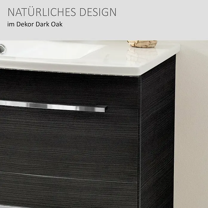 Camargue Swing K Waschtischunterschrank - B x T x H: 89,2 x 46,2 x 51,8 cm, Dark Oak, Farbe Griff: Chrom - Waschtischunterschrank in Dunkel-Eiche-Dekor mit weißem Waschbecken und Metallgriff.