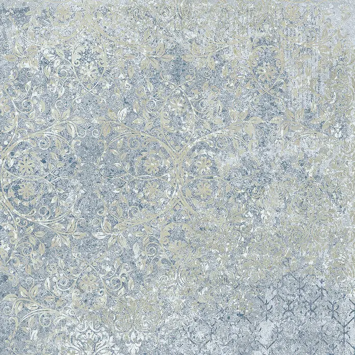 Bohemian Feinsteinzeugfliese - 59,55 x 59,55 cm, Blue, Matt - Verwitterte grau-blaue Tapete mit verblasstem beige-goldenen floralen Damast- und subtilen Geometermustern.