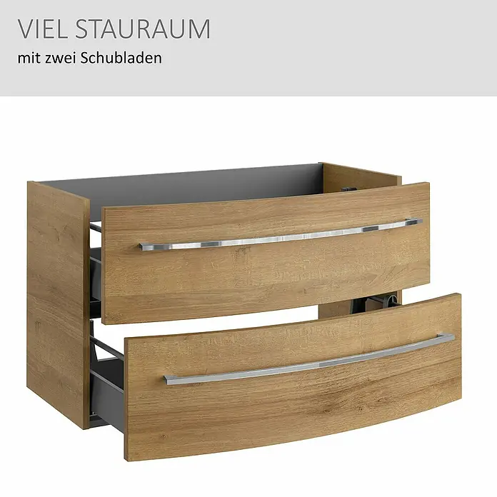Camargue Swing K Waschtischunterschrank - B x T x H: 89,2 x 46,2 x 51,8 cm, Berg Eiche, Farbe Griff: Chrom - Waschtischunterschrank in heller Eichenoptik mit zwei geöffneten Schubladen, geschwungenen Fronten und silbernen Griffen für viel Stauraum.