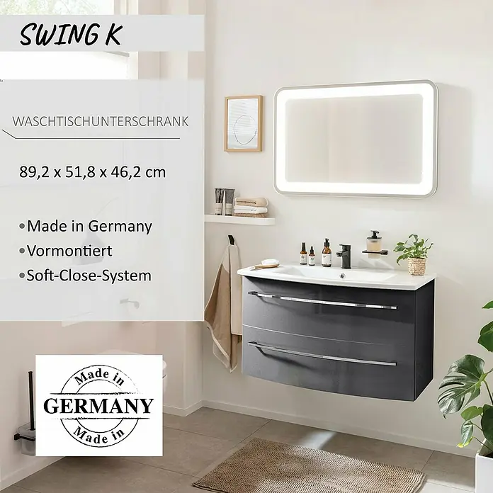 Camargue Swing K Waschtischunterschrank - B x T x H: 89,2 x 46,2 x 51,8 cm, Grafit, Farbe Griff: Chrom - Dunkelgrauer wandhängender Waschtischunterschrank mit weißem Waschbecken und Soft-Close-Schubladen.