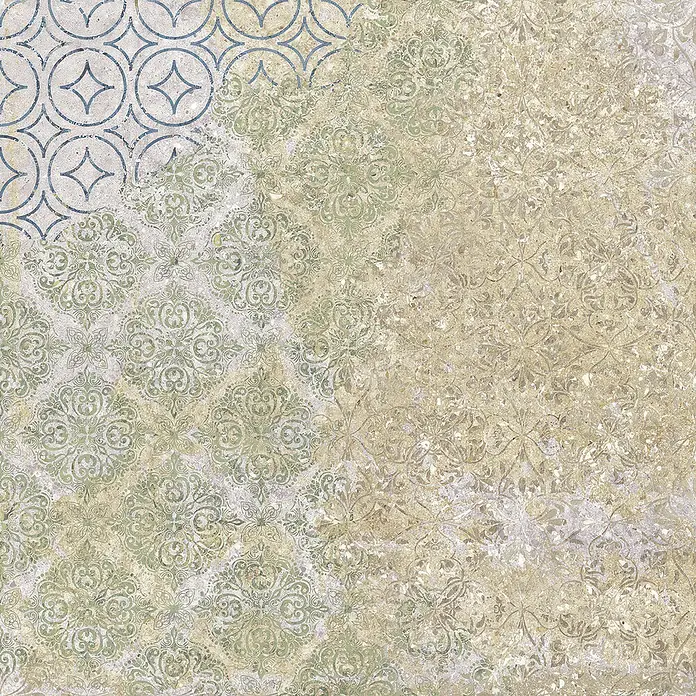 Bohemian Feinsteinzeugfliese - 59,55 x 59,55 cm, Blend, Matt - Gealterte gemusterte Oberfläche mit geometrischen und floralen Motiven in gedämpftem Grün, Blau und Beige.