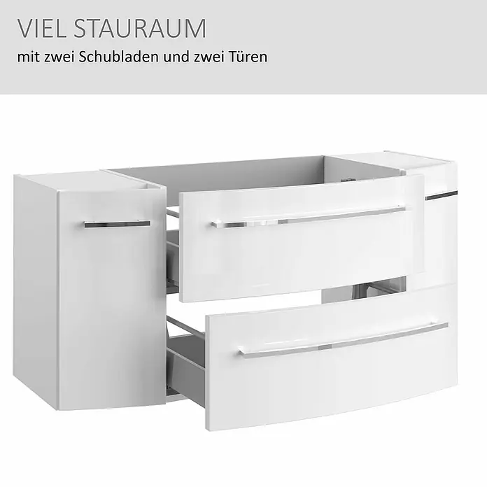 Camargue Swing K Waschtischunterschrank - B x T x H: 119 x 45,9 x 51,8 cm, Weiß, Farbe Griff: Chrom - Weißer Hochglanz Badunterschrank mit zwei Schubladen und zwei Türen.