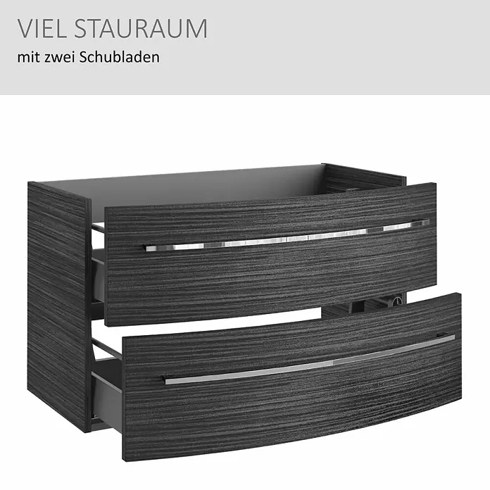 Camargue Swing K Waschtischunterschrank - B x T x H: 89,2 x 46,2 x 51,8 cm, Dark Oak, Farbe Griff: Chrom - Dunkelgrauer Schrank in Holzoptik mit zwei teilweise geöffneten Schubladen und silbernen Griffen.