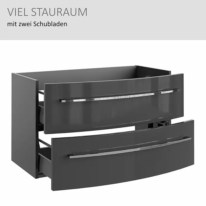 Camargue Swing K Waschtischunterschrank - B x T x H: 89,2 x 46,2 x 51,8 cm, Grafit, Farbe Griff: Chrom - Anthrazitfarbener Unterschrank mit zwei geschwungenen Schubladen und Chromgriffen.
